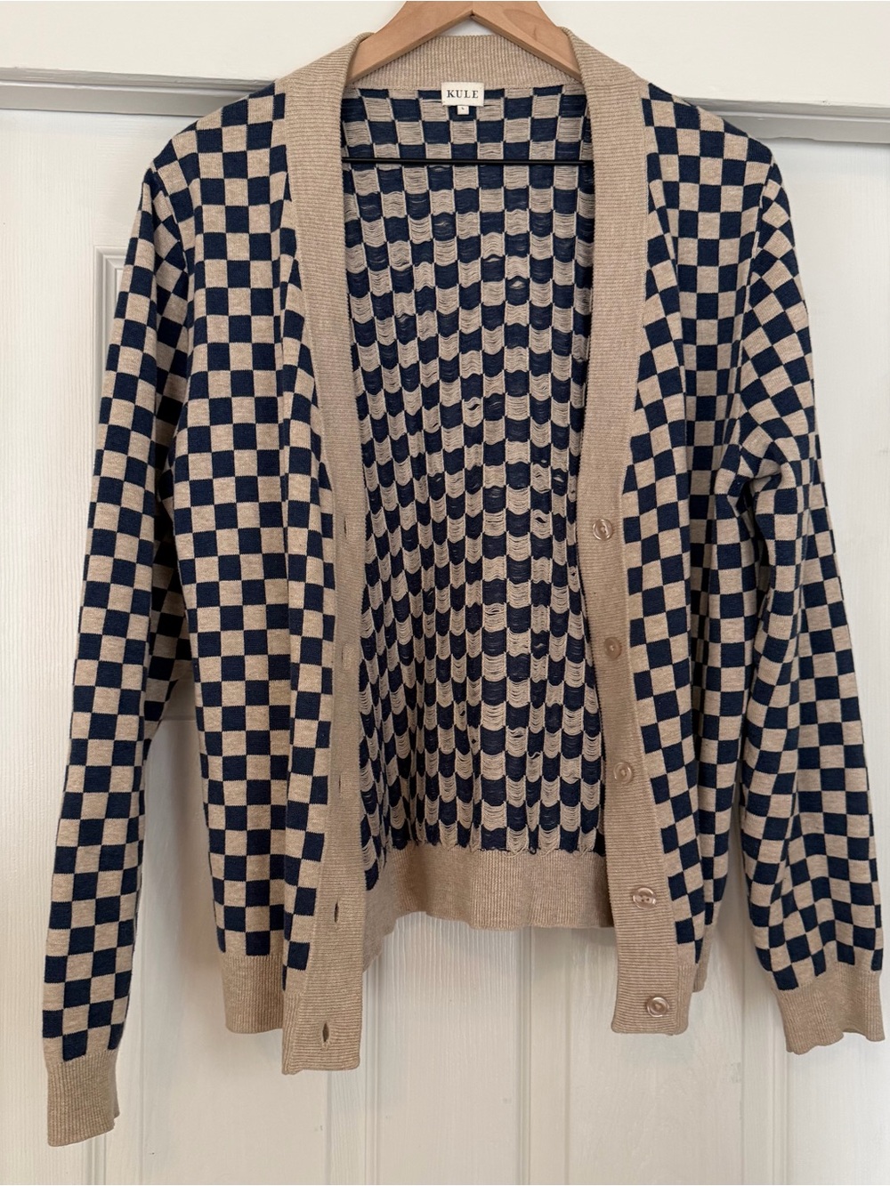 KULE the Check Please Cardigan Button Front Sweater Checked Blue Size Large